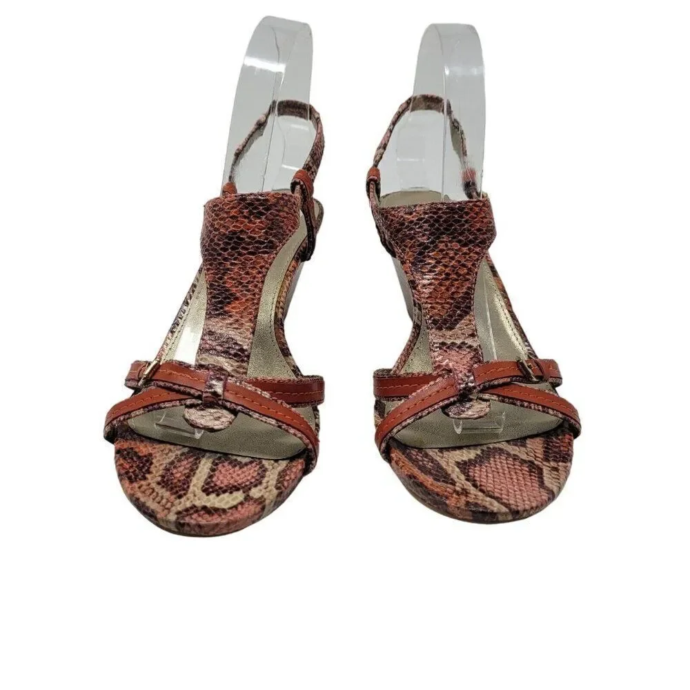 Bandolino Vegan Faux‎ Leather Strappy Wedge Sandals 10 Pink Coral Snake Embossed